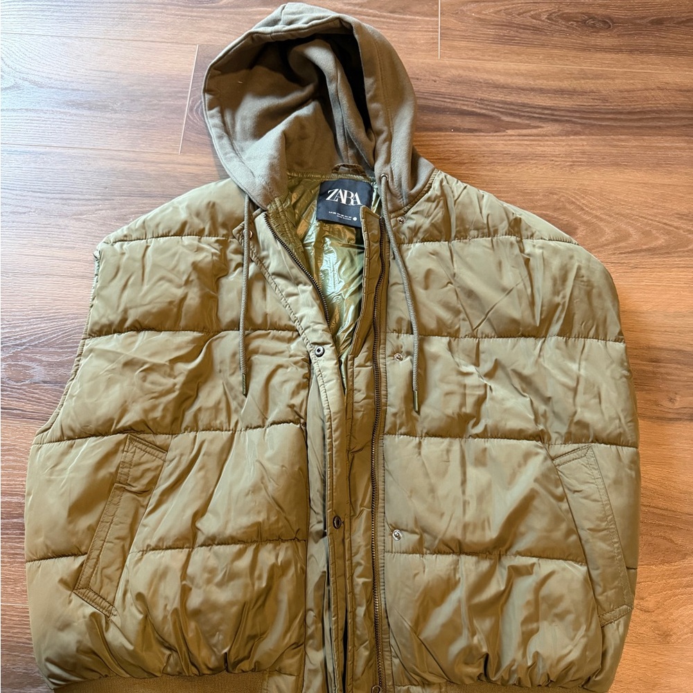 Zara Olive Hooded Puffer Jacket